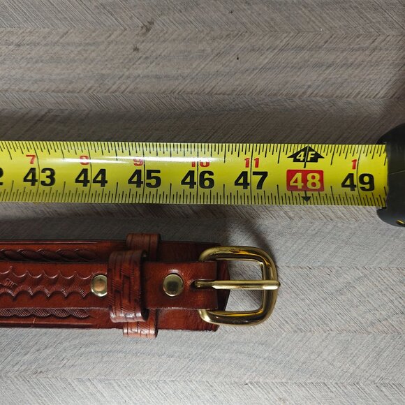 Vintage L.L. Bean Double Strap Leather Belt Basketweave Embossed Brass Buckle - Picture 7 of 7